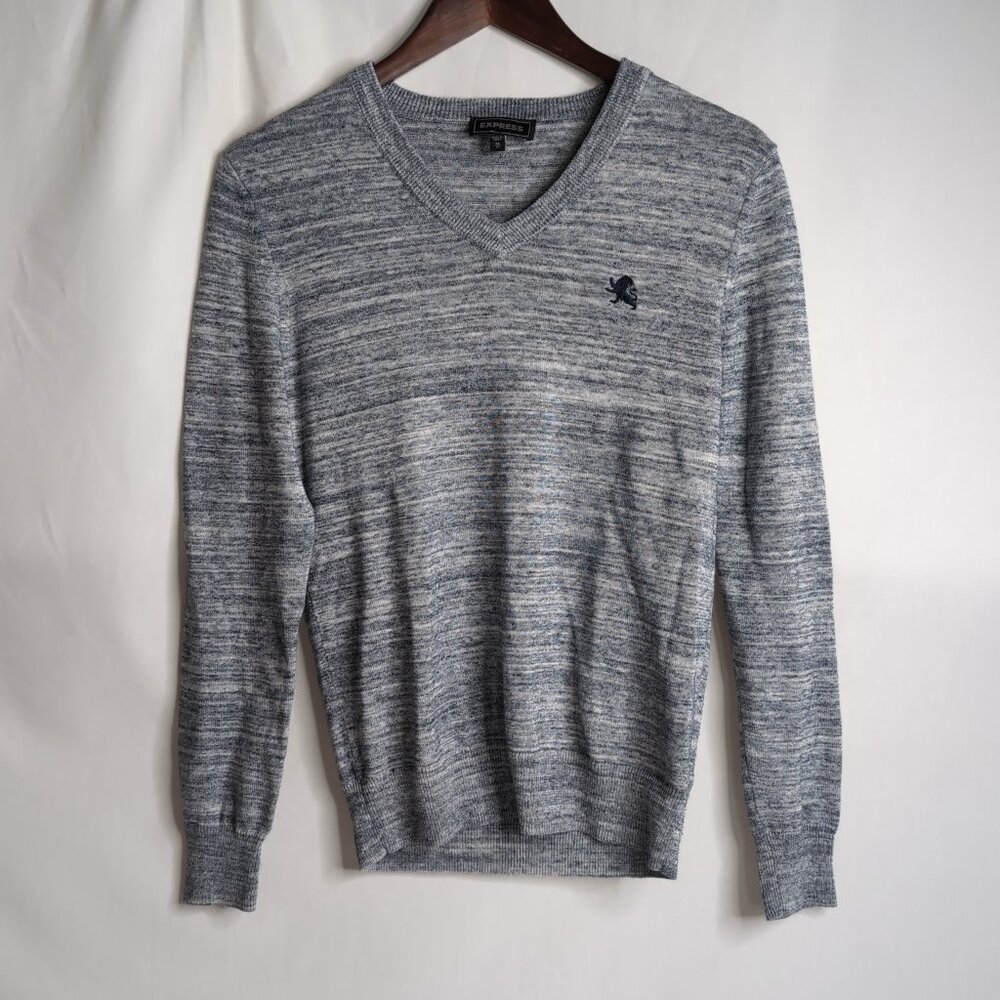 Express Men's Light Grey Heathered V-Neck Sweater, X-Small